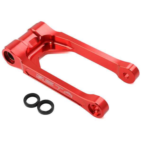 ZETA Lowering Link Hon Red for KTM, Husqvarna, GASGAS motorcycles, showing the red metal linkage part on a neutral background.