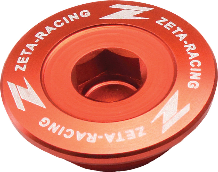 ZETA CNC machined orange engine plug for factory bike look, part ZE89-1617, showcasing detailed metal machining and vibrant orange finish.