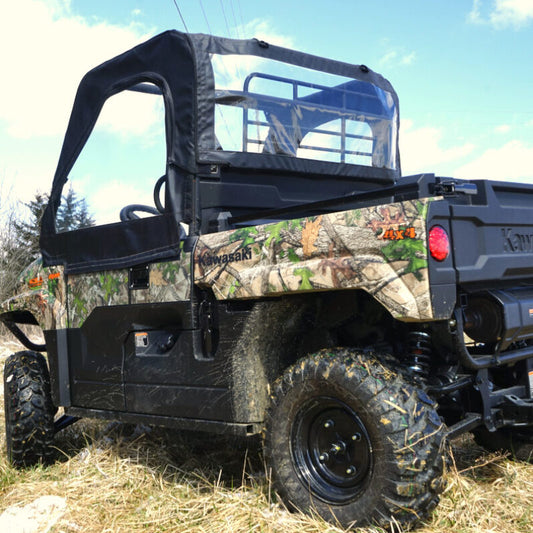 Seizmik Kawasaki Mule Pro FX soft doors with zippers kit installed, showing durable fabric and zipper closures for UTV protection.