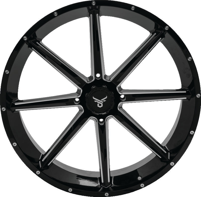 QuadBoss Slicer 24x7 off-road wheels with 24-inch aluminum rims and limited edition QuadBoss bull logo center caps.