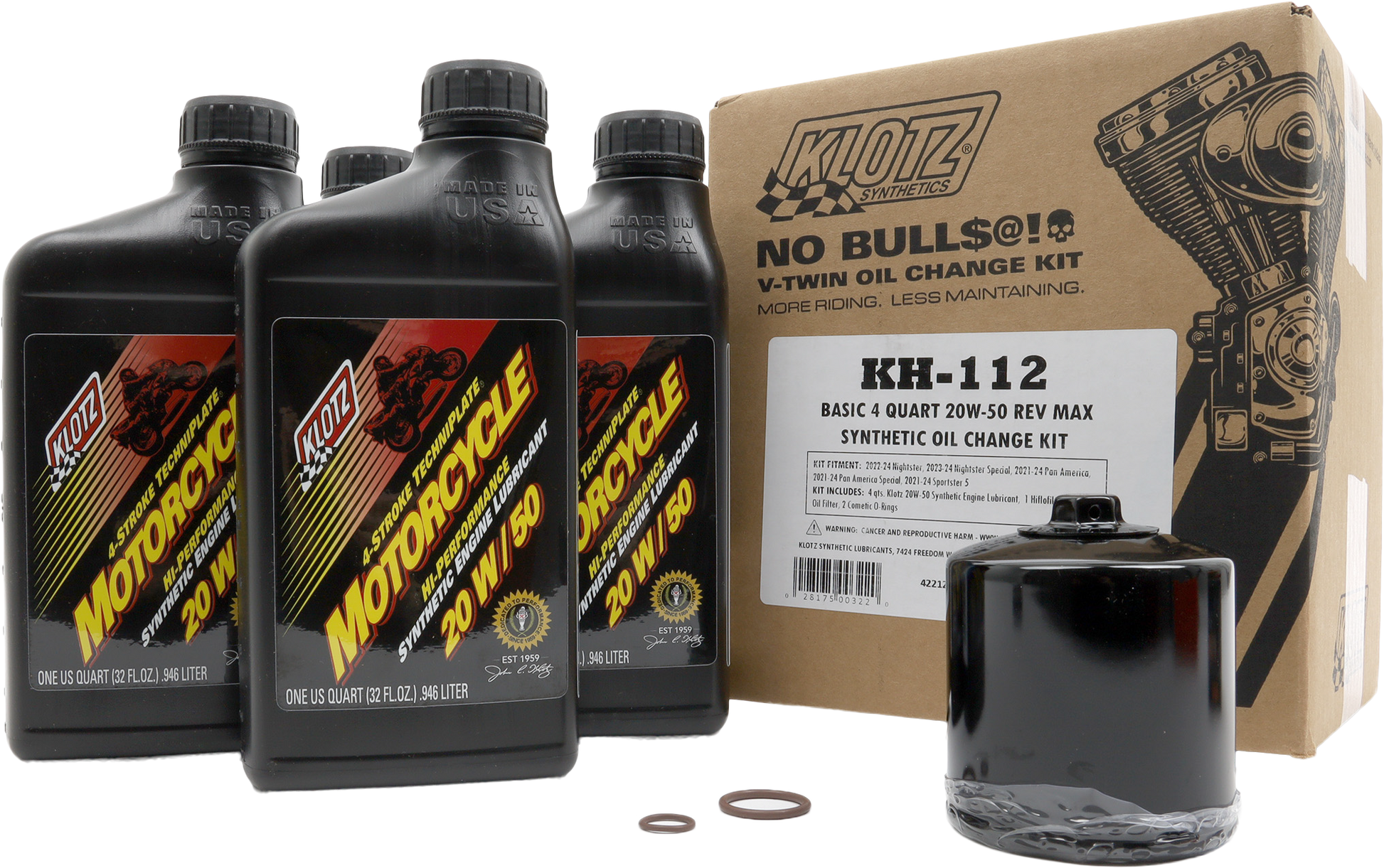 KLOTZ KH-112 Basic HD Rev Max 4 Quart Synthetic Oil Change Kit with oil bottles and accessories for motorcycle maintenance