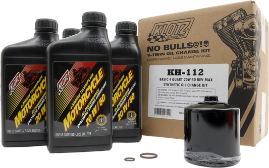 KLOTZ KH-112 Basic HD Rev Max 4 Quart Synthetic Oil Change Kit with oil bottles and accessories for motorcycle maintenance
