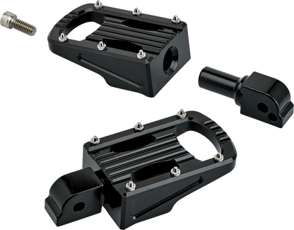 Black BILTWELL Punisher passenger footpeg for M8 motorcycles, showcasing durable body design with mounting hardware.