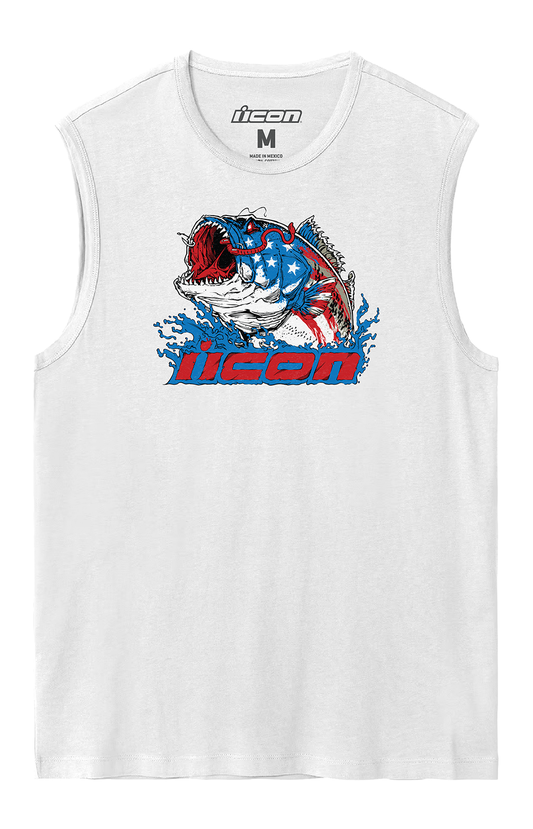 White ICON American Basstard™ tank top by Bill's Exhausts, medium size, casual sleeveless shirt with graphic design.