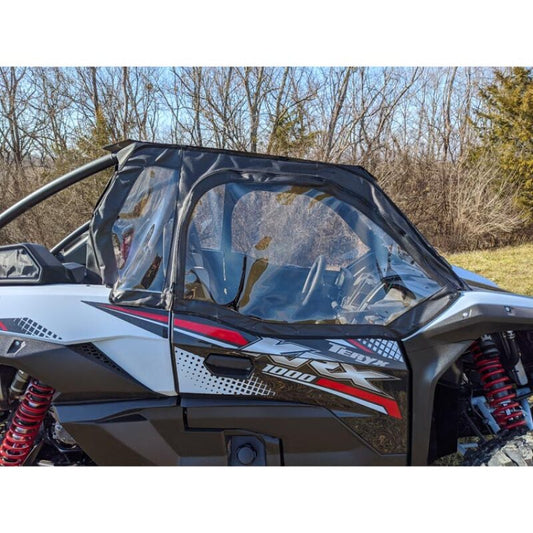 Seizmik Kawasaki KRX1000 Teryx soft doors with zippers kit installed on off-road vehicle, showcasing durable fabric and zipper closures.