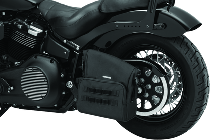 Kuryakyn Hoodrat Universal Swingarm Bag mounted on powersports motorcycle swingarm with durable black design
