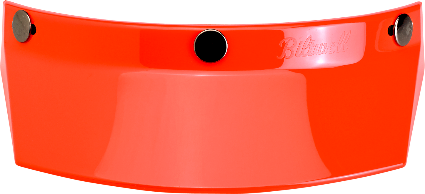 Orange BILTWELL Moto 3-Snap Visor for helmets, compatible with 2002-565 models, designed for secure fit and clear visibility.