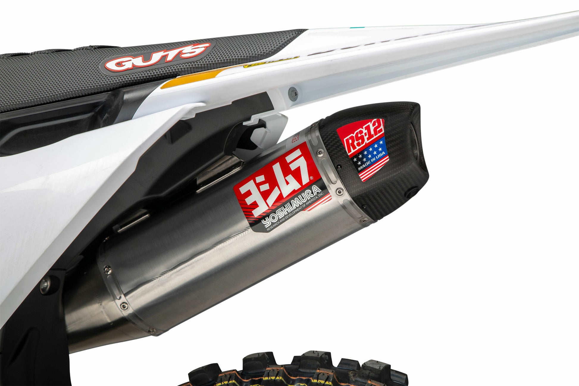 YOSHIMURA RS-12 Series exhaust system with aluminum and carbon fiber components for Husqvarna and KTM motorcycles.