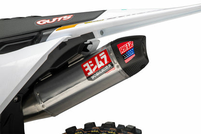 YOSHIMURA RS-12 Series exhaust system with aluminum and carbon fiber components for Husqvarna and KTM motorcycles.