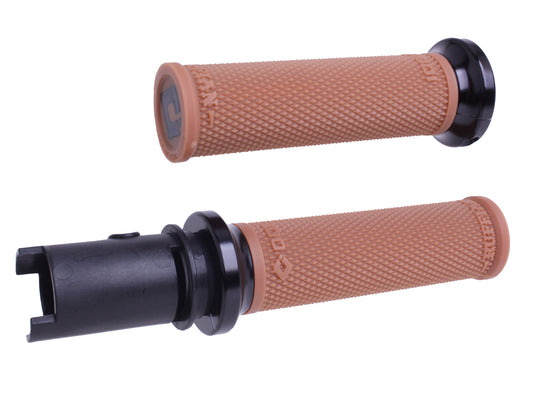 ODI Lock On Ruffian grips in gum rubber and black CVO for bikes, showing textured rubber surfaces and locking clamps.