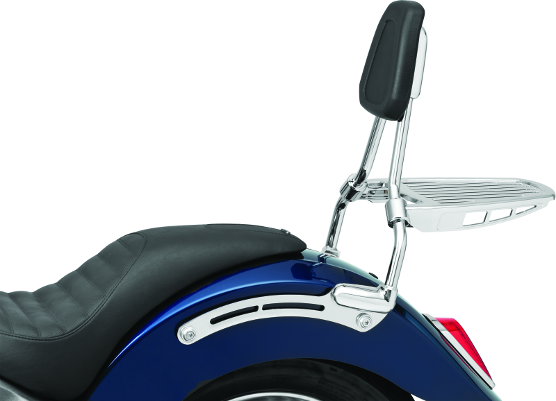 Chrome Kuryakyn luggage rack sissy bar for Harley-Davidson sissy bars, part #6580, mounted on motorcycle rear passenger area.