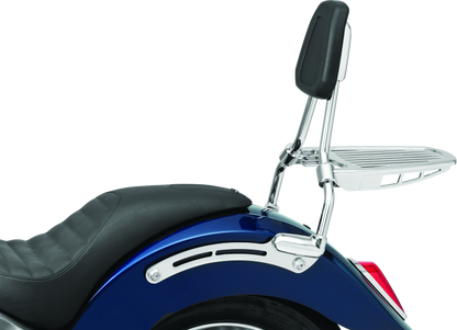 Chrome Kuryakyn luggage rack sissy bar for Harley-Davidson sissy bars, part #6580, mounted on motorcycle rear passenger area.