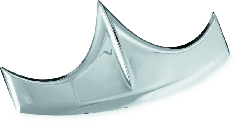 Kuryakyn chrome front fender tip for Indian motorcycles, part #7344, shown mounted on motorcycle front wheel area.