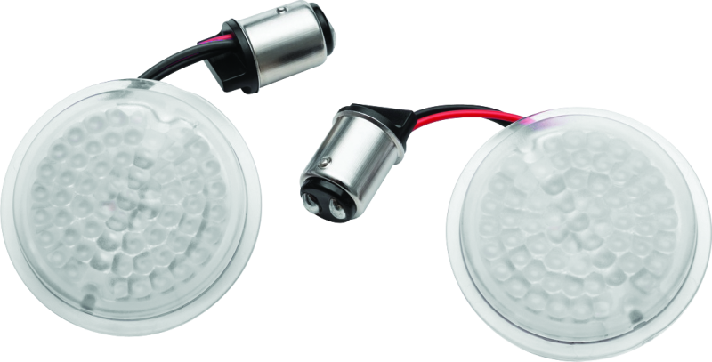 Kuryakyn Luminez LED rear turn signal insert 1157 Red for Harley-Davidson motorcycle, showing red LED lights in clear housing