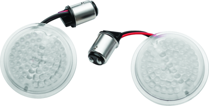 Kuryakyn Luminez LED rear turn signal insert 1157 Red for Harley-Davidson motorcycle, showing red LED lights in clear housing