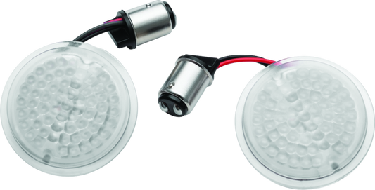 Kuryakyn Luminez LED rear turn signal insert 1157 Red for Harley-Davidson motorcycle, showing red LED lights in clear housing