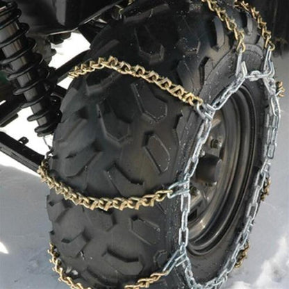 QuadBoss XL tire chain with V-Bar design installed on large tires, showing rugged metal links and secure fit.