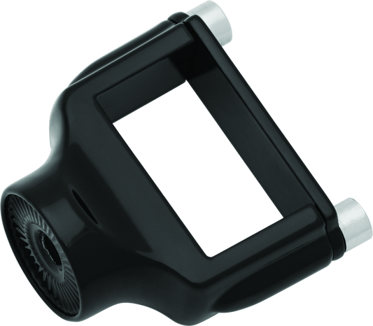 Kuryakyn side mount license plate holder clamp in gloss black for Harley-Davidson XL models from 1986 to 2023