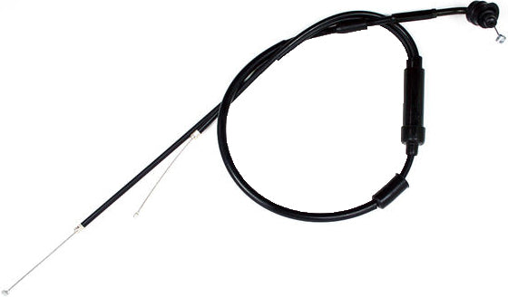 Black vinyl throttle cable for motorcycles by MOTION PRO, showing the flexible cable with attachment ends