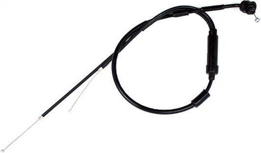 Black vinyl throttle cable for motorcycles by MOTION PRO, showing the flexible cable with attachment ends