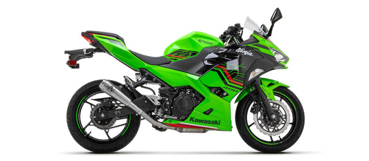 Bill's Exhausts Arrow Pro-Race slip-on exhaust in Nichrome for Kawasaki Ninja 400 and Z400 2019-2025, showing sleek metallic finish
