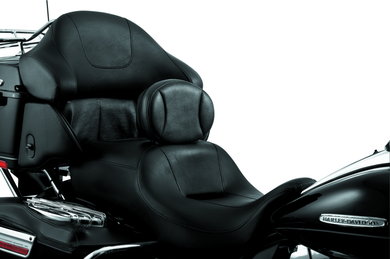 Kuryakyn Plug-In Driver Backrest for Harley Davidson Touring models, featuring padded cushion and secure attachment for rider comfort.