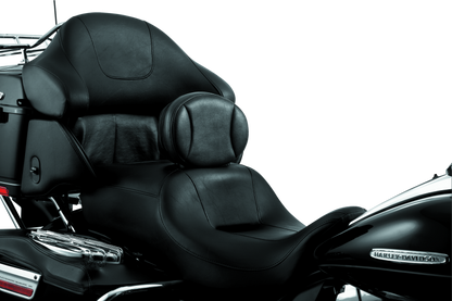 Kuryakyn Plug-In Driver Backrest for Harley Davidson Touring models, featuring padded cushion and secure attachment for rider comfort.