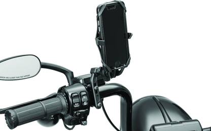 Kuryakyn Free-Flex Device Holder perch mount attached to powersports vehicle handlebar showing secure grip and adjustable positioning