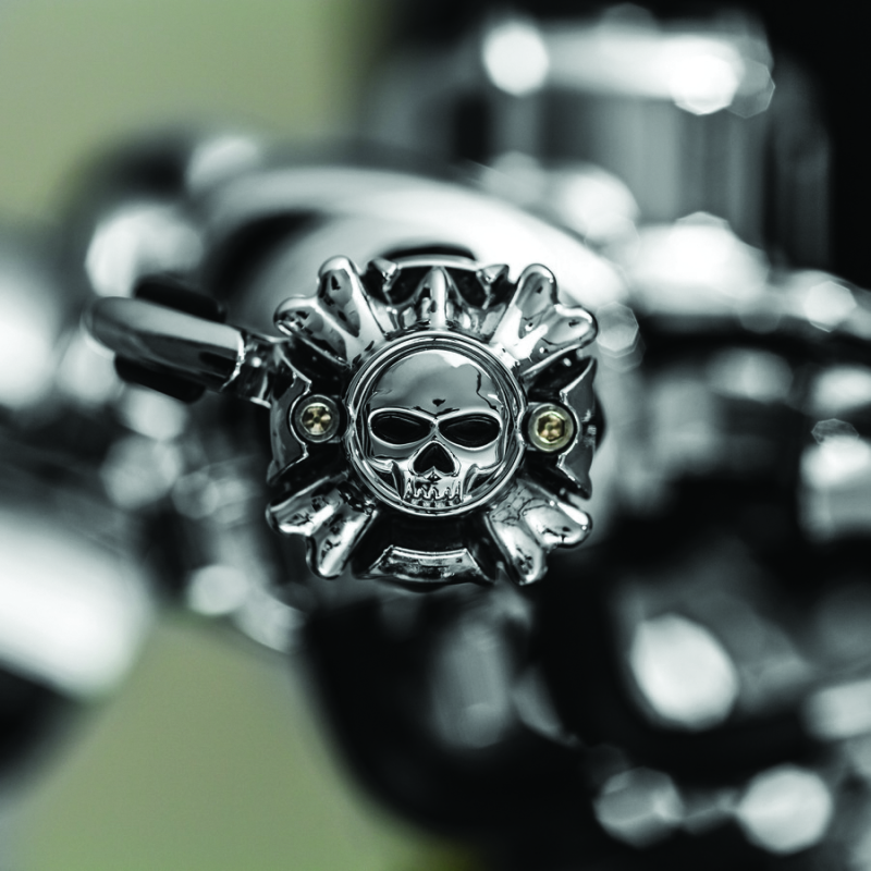 Kuryakyn chrome replacement Zombie Grip emblems with throttle boss for motorcycle handlebars, featuring detailed zombie design.