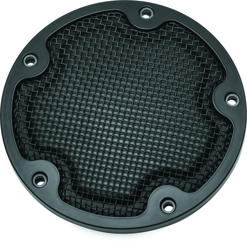 Kuryakyn Mesh Derby Cover in black for Harley-Davidson Touring models, featuring a sleek mesh design and chrome accents.