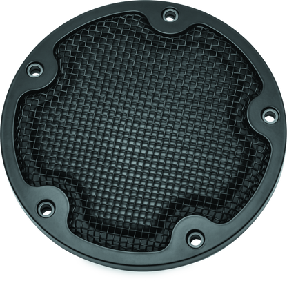 Kuryakyn Mesh Derby Cover in black for Harley-Davidson Touring models, featuring a sleek mesh design and chrome accents.