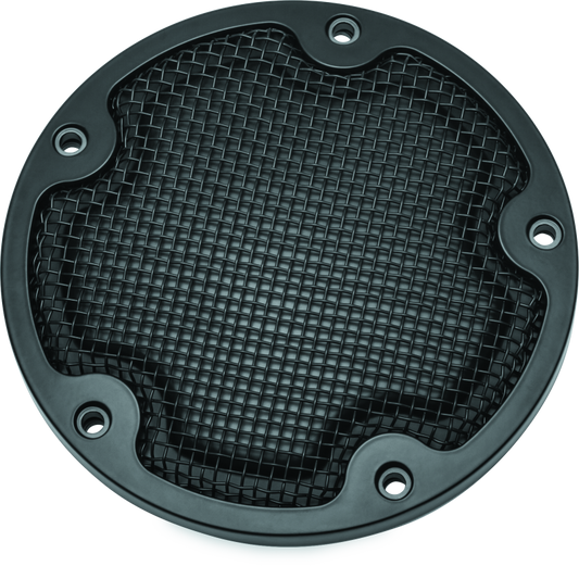 Kuryakyn Mesh Derby Cover in black for Harley-Davidson Touring models, featuring a sleek mesh design and chrome accents.