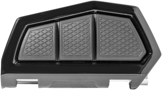 Kuryakyn Enygma passenger boards in gloss black for powersports vehicles, showing sleek, textured footrests with mounting hardware.