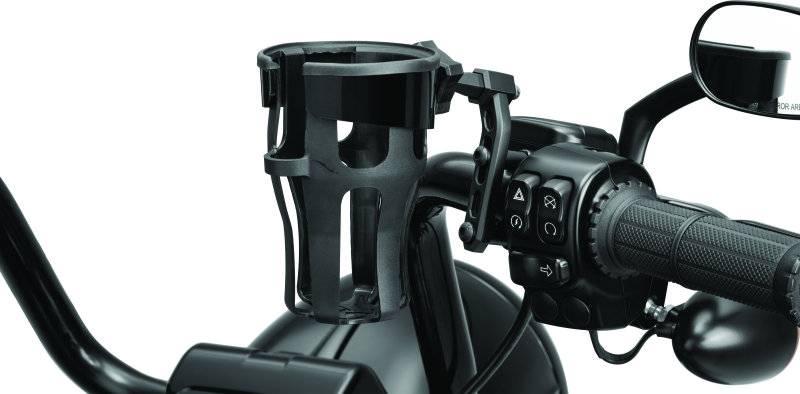 Kuryakyn Reflex drink holder perch mount in black attached to a powersports vehicle handlebar for convenient hydration.