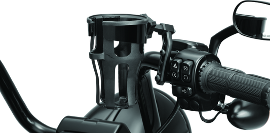 Kuryakyn Reflex drink holder perch mount in black attached to a powersports vehicle handlebar for convenient hydration.