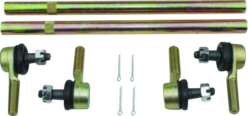 QuadBoss Can-Am DS 450 tie rod assembly upgrade kit, showing the metal rod and joint components for enhanced steering performance.