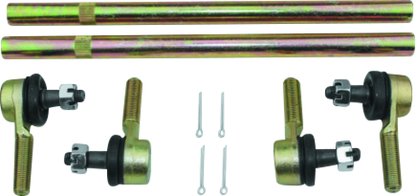 QuadBoss Can-Am DS 450 tie rod assembly upgrade kit, showing the metal rod and joint components for enhanced steering performance.
