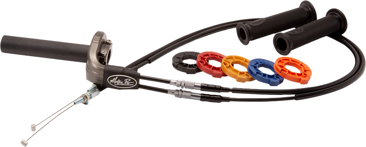 Motion Pro Rev3 Throttle Kit Tri for off-road motorcycles with reels, cables, and accessories in a close-up image.