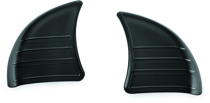 Kuryakyn Tri-Line Inner Fairing Cover Plates for Harley Davidson motorcycles, showing the sleek black finish and detailed design.