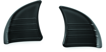Kuryakyn Tri-Line Inner Fairing Cover Plates for Harley Davidson motorcycles, showing the sleek black finish and detailed design.