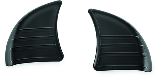 Kuryakyn Tri-Line Inner Fairing Cover Plates for Harley Davidson motorcycles, showing the sleek black finish and detailed design.
