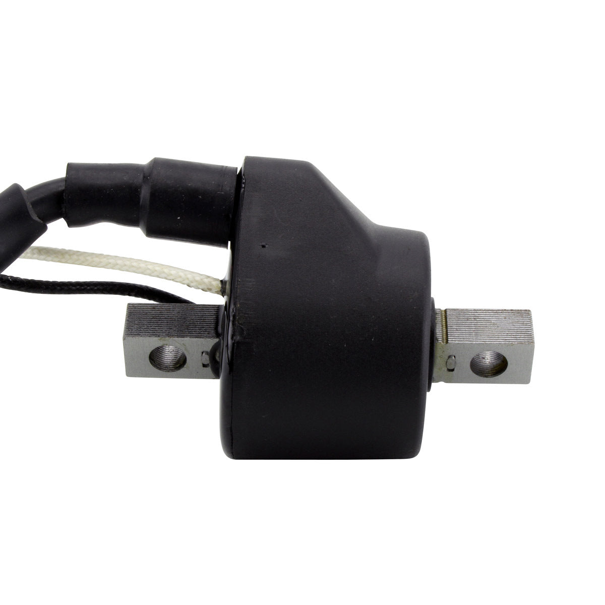 RM STATOR external ignition coil with spark plug cap, shown in image, designed for motorcycle ignition systems.