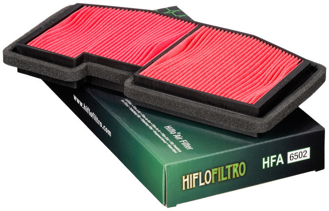 HIFLOFILTRO HFA6502 air filter for high performance engines, showing a clean, replaceable filter element with brand markings.