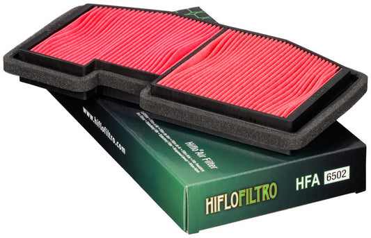 HIFLOFILTRO HFA6502 air filter for high performance engines, showing a clean, replaceable filter element with brand markings.