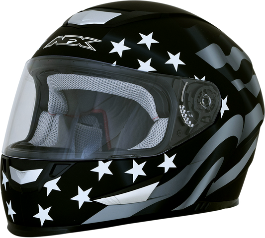 Bill's Exhausts AFX FX-99 helmet with flag and stealth design, medium size, showing a sleek, full-face motorcycle helmet.