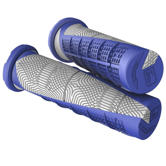 Blue and gray SCOTT Deuce ATV grips with engine design, suitable for off-road vehicles, by Bill's Exhausts.