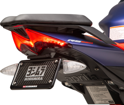 YOSHIMURA Fender Eliminator Kit for motorcycle, showing sleek black tail tidy with mounting hardware and compact design.