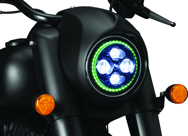 Kuryakyn Orbit Headlight Adapter for Indian Chieftain and Roadmaster motorcycles showing the black plastic and metal mounting components.