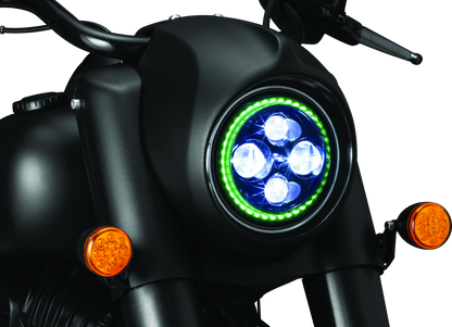Kuryakyn Orbit Headlight Adapter for Indian Chieftain and Roadmaster motorcycles showing the black plastic and metal mounting components.