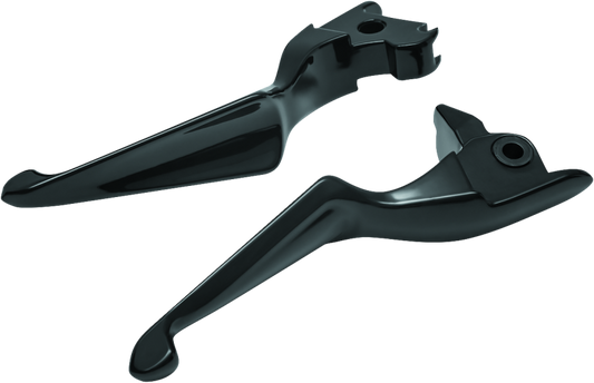 Kuryakyn Boss Blades lever set in gloss black for 2014-2016 Harley-Davidson Touring models, displayed on motorcycle handlebars